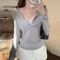 純欲風半開領蕾絲防曬罩衫長袖T恤女夏季修, M碼建議85-95, 灰色【小個子/休閒/別致很仙的/女裝時髦洋派/禦姐風情萬種