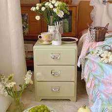 日式復古風三鬥櫃 臥室床頭櫃 沙發邊櫃 金屬抽屜收納櫃 裝飾儲物櫃, 三斗床頭櫃【顏色】, 1個