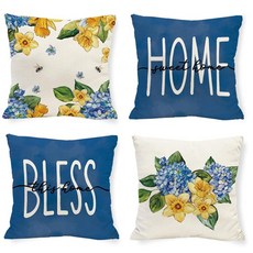 Tikeciti 봄 여름 블루 수국 베개 커버 스위트 홈 45.7 x 45.7cm(18 18인치) 장식용 쿠션 Bless This Home 수선화 계절 장식 농가 쿠션 케이스