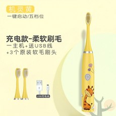 兒童電動牙刷 聲波式USB充電7級防水兒童電動牙刷9-12歲, 1個, 黃色長頸鹿三刷+充電線:1