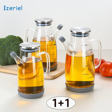 Izeriel 자동개폐 글라스 오일병 투명캡 오일병 기름병 용기 참기름병 간장통 투명 참기름병 눈금 기름병 양념 포장용기 내열유리 오일병세트, 2개, 1L