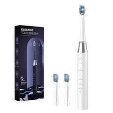 電動牙刷 5種清潔模式 IPX7防水 長效續航, 珍珠白 預設2刷頭, 1個, 主體 / 刷頭*4 / 彩盒 / 充電線 / 說明書