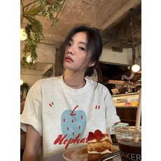사과 프린트 티셔츠 여성 탑 루즈핏 캐주얼 반팔 오버사이즈티셔츠