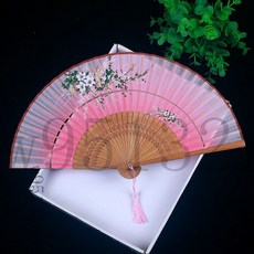 古風折扇 漢服拍照道具扇子 日本日式小絹扇子折疊扇絲綢舞蹈扇中國風古典古風折扇女流蘇旂袍 折扇、折扇、扇子折扇、折扇, 棕骨 粉紅三朵桔梗, 1個