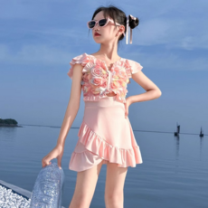 女童連體泳衣裙 可愛立體花朵設計 速乾防曬