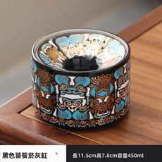 GUEFOON 陶瓷漏斗式防飛灰菸灰缸家用, 1個, 饕餮紋漏斗式菸灰缸黑色:如圖所示（9885）