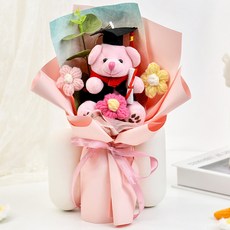 毛線花束手工編織仿真花向日葵針織玫瑰花博士熊畢業, 小熊博士小花束—粉色:如圖所示