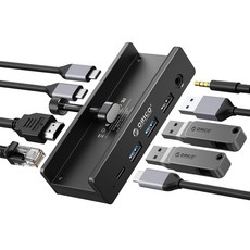 오리코 7 in 1 C타입 10Gbps 3.5mm 오디오 RJ45 HDMI 4K@60Hz 클램프형 USB허브 MH8P, 블랙, 1개