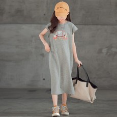 韓系美式童裝親子女童寬松休閑長裙夏季中大童短袖直筒裙子兒童韓版t恤連衣裙 女童洋裝 兒童裙子