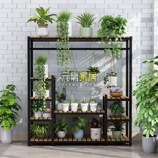 實木多層花架置物架：客廳陽臺落地盆栽架，簡約現代花卉層架, 碳化木+黑架,長100*深30*高170
