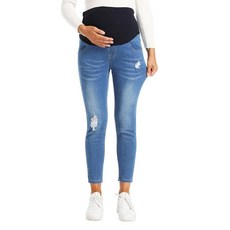 ZVKHMK 임산부 청바지 오버 더 벨리 슬림 스트레치 데님 팬츠 캐주얼 임부용 찢어진 바지 블루. XL 159759 8454479307