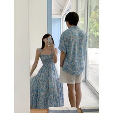 情侶印花連身長洋裝 / 男款度假上衣