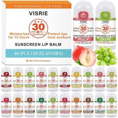 VISRIE SPF 30 미니 자외선 차단 립밤 SPF 립밤 벌크 40개 비타민 E와 코코넛 오일이 함유된 여행용 자외선 차단제 - 10가지 맛, 40 count