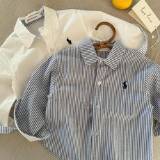 兒童全棉條紋長袖襯衫，男女童學院風翻領寶寶上衣