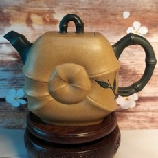 宜興紫砂廠 雙彩圈竹壺 早期七孔紫砂茶壺 圍竹造型 130cc 宜興壺, 1個, 雙彩, 約130cc