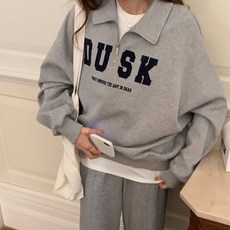 BAJAOEY(바자오이) 여성 맨투맨 긴팔 풀오버 루즈핏 레터링 프린트 반집업 티셔츠 기모