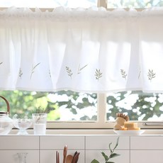 BELLELIFE 綠葉刺繡短窗簾, 白色