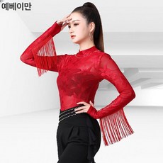 스포츠 레저 탑 시스루 활동 댄스복 여성의류 댄스탑 수술 여름 프린지상의 제품 라틴 상의 프린지, 16.버건디 메시 자카드 L