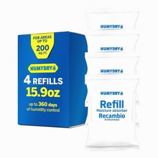HUMYDRY 450.8g(18온스) 제습기 장치용 수분 흡수 리필 무향 습도 백 4개 팩 가정용 옷장 욕실 RV 및 중간 밀폐 공간용 비전기 흡수기 327898 86404, Refills - 4