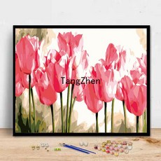 【TangZhen】유화그리기 유화그리기세트 디지털 유화 diy 남자 여자 아이 수제 창의 심플한 리넨 만화 색칠 방 거실 색칠 장식 그림, 핑크 튤립, 40*50cm 내장 2.5 두께(색천), 1개