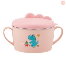 萌萌屋 【台灣現貨】不鏽鋼碗 嬰兒不鏽鋼碗保溫碗 餵食碗 寶寶餐具 寶寶湯匙 恐龍餵食碗, 1個, 恐龍不鏽鋼兒童碗(粉色)