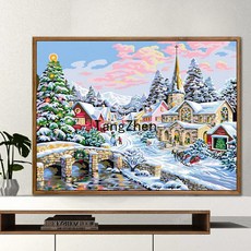 【TangZhen】유화그리기 유화그리기세트 디지털 유화 풍경 지중해 대폭 거실 야색 디지털 채색 손그림 장식화 호숫가 별장, 40*50 어셈블리 외곽선(색상 노트) 추가, 설경, 1개