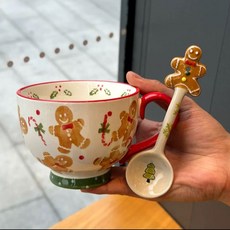 【聖誕熱賣 】韓式卡通早餐杯 圣誕姜餅人麥片碗北歐INS帶手柄大容量家用陶瓷杯, 【麥片杯】姜餅人+姜餅人勺, 1個