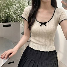 SOSISI 반팔 니트 여름 U넥 리본 이너티 풀오버 46092