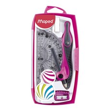 法國Maped 窈窕型8合1圓規組 (圓規/鉛筆/筆削/橡皮擦/直尺/直角尺/量角器) 文具用品，精準繪圖，多功能套裝，黑白簡約設計, 粉色, 1個