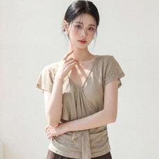 해피유통정핏 브이넥 러플 허리라인 반팔 티셔츠 여성 여름 슬림 상의