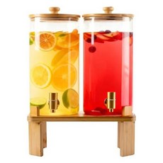 7.6L 2갤런 2팩 대형 유리 음료 디스펜서 나무 스탠드가 있는 수도꼭지가 물 레모네이드 주스 용기 뚜껑이 피처 263122, 1.5 Gallon, 1.5 Gallon