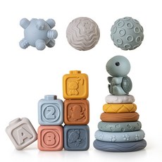 臺灣出貨 嬰幼兒手抓球玩具 軟膠方塊積木疊疊圈 捏捏手感球 堆疊玩具, 烏龜方塊疊疊樂形狀球套裝(16PCS)盒, 1個