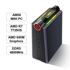 Chatreey 게임용 데스크탑 컴퓨터 미니 PC 라이젠 7 5700U R7 7735HS 680M R9 7940HS 780M 조명 와이파이 원격 제어 6 BT 5.0 AMR5 AM, 16G RAM 512GB SSD, EU, [02] R7 7735HS DDR5 680M