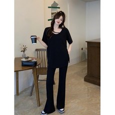 해피유통 여성 투피스세트 아이스 빅사이즈. 반팔티+와이드 플레어 바지 투피스 jhwj