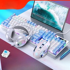 게이밍 키보드 마우스 헤드셋 세트 기계식 청축 USB 유선 e스포츠, 104키 청축 화이트 블루 3종세트, 일반형