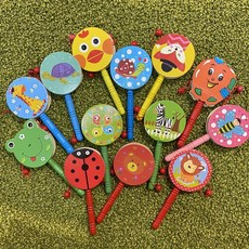 實拍 木製卡通波浪鼓 幼兒訓練兒童樂器 復古懷舊童玩, 1個, 隨機出貨