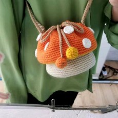 버섯 케이크 뜨개질 키트 크로스바디 숄더백 DIY, 오렌지 버섯 번 (도구 포함), 재료 도구 설명서 가이드