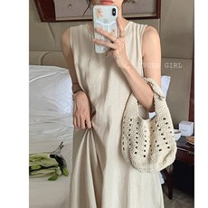 杜達女孩 仿棉麻連身裙 無袖露背渡假風長裙
