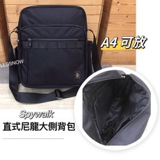 SPYWALK 直立式尼龍多格層側背包 大容量A4可放斜背包 男生用包, 黑色