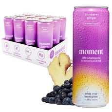 Moment Adaptogen Drink (상어 탱크) | 비탄화 무알코올 음료 | 블루베리 생강 | 진정과 선명도를 위한 L-테아닌 및 아슈와간다 | 설탕 0 추가 카페인, 11.5 Fl Oz (Pack of 12), 355ml