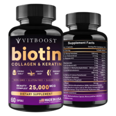 VITBOOST 히알루론산 콜라겐 및 케라틴이 함유된 비오틴 - 남성 및 여성용 모발 성장 비타민 25000mcg - 손톱 및 피부 미국산 - 타사 테스트 완료 B1 B, 60 Count (Pack of 1), 1개, 60정
