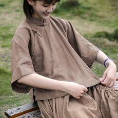 棉麻盤扣立領五分袖上衣 文藝復古改良漢服風格