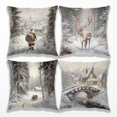 TopXmai 소박한 크리스마스 산타 순록 썰매 겨울 눈 덮인 마을 베개 커버 45.7x45.7cm18x18인치 농가 원더랜드 풍경 장식용 쿠션 소파 거실 가정용 4개 세트, 25가지 색상