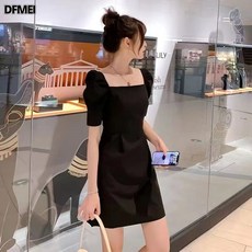 DFMEI 法式復古方領泡泡袖連衣裙