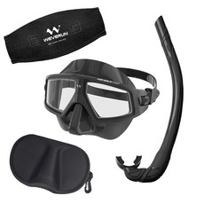 위베런 크러쉬 프리다이빙 스노쿨링 마스크 세트 + 고급케이스 머리엉킴방지 스트랩커버, 블랙