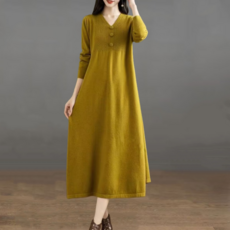 ORZQU 여성 가을 겨울 브이넥 슬림핏 롱 무릎 도톰 니트 원피스