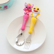 里和 lilfant 韓國製 碰碰狐 鯊魚家族 304不鏽鋼 學習筷 叉子 湯匙 餐盤 兒童餐具組, 1個, 碰碰狐+鯊魚家族 立體湯叉組, 黃色