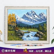DIY數字油畫 風景山水 手工繪畫 客廳裝飾, 1個, 雪山映湖,40cm*50cm  繃好內框髮貨