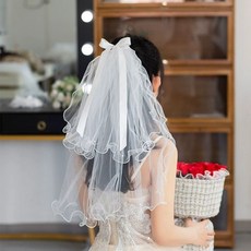 領證頭紗演唱會登記求婚頭飾 短款新娘結婚主婚紗頭飾 高級法式頭紗, 1個, 白色卷邊釘珠蝴蝶結 約50cm