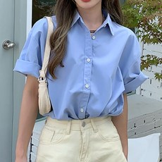 여성 학생 직장인 여름 반팔 카라 셔츠 남방 블루 여자 블라우스 직장인용 와이 가벼운 패션